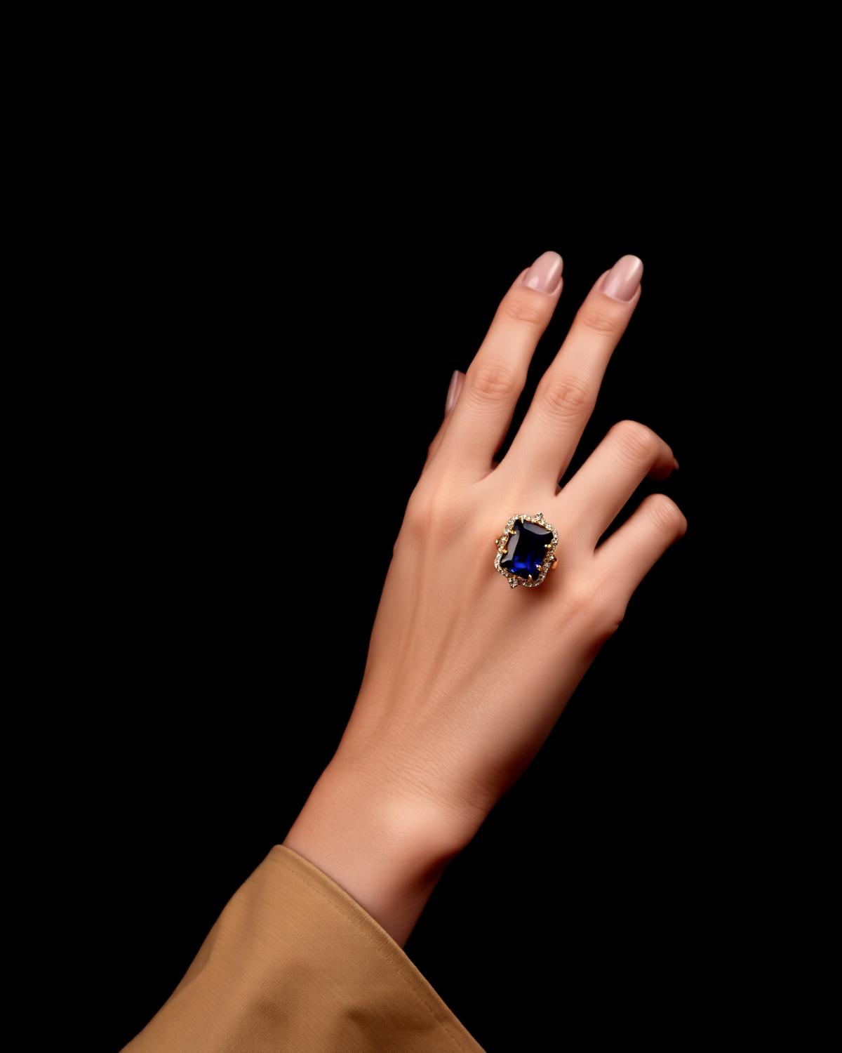 Sapphire and gold ring on woman's hand