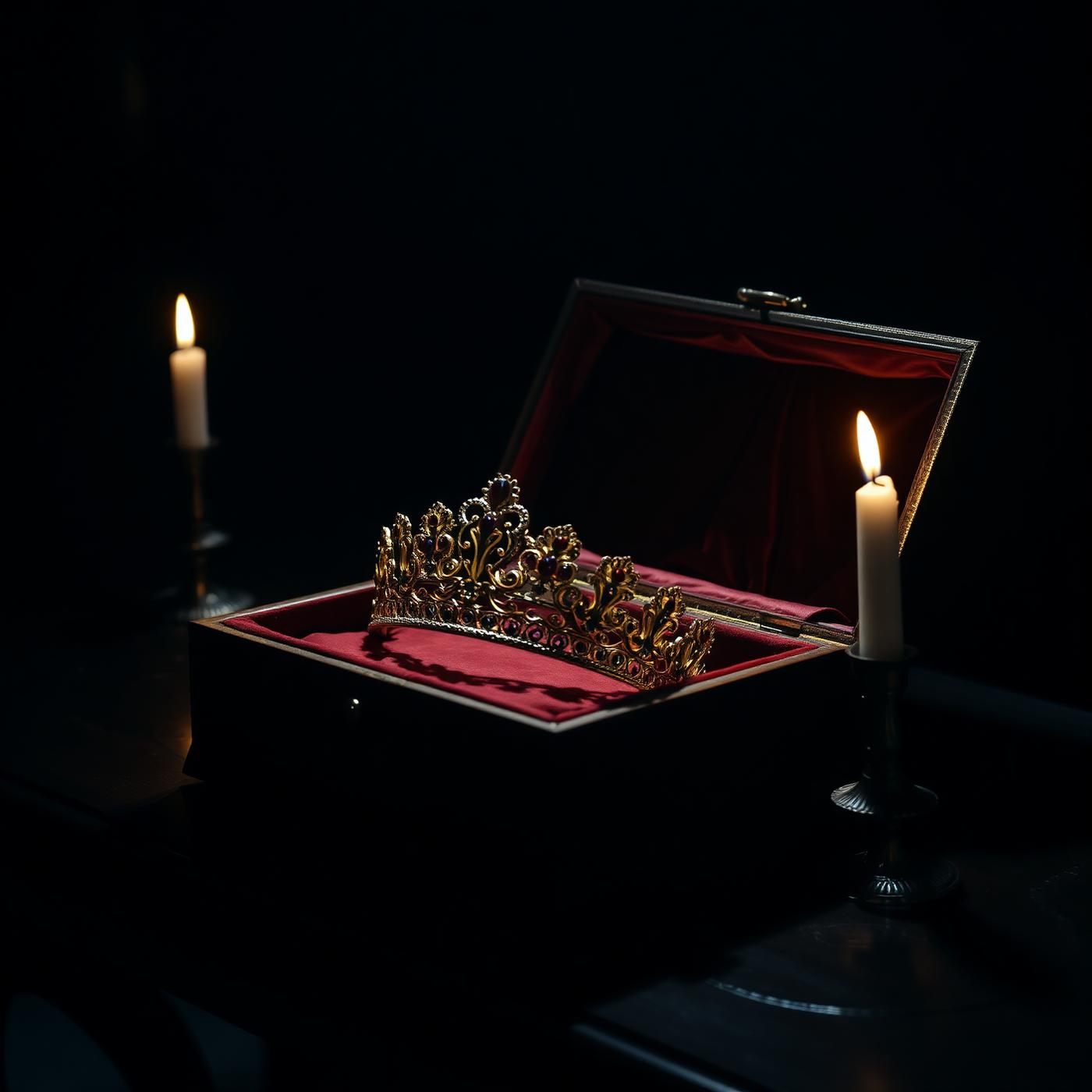 Antique gold tiara in red velvet box, candlelit