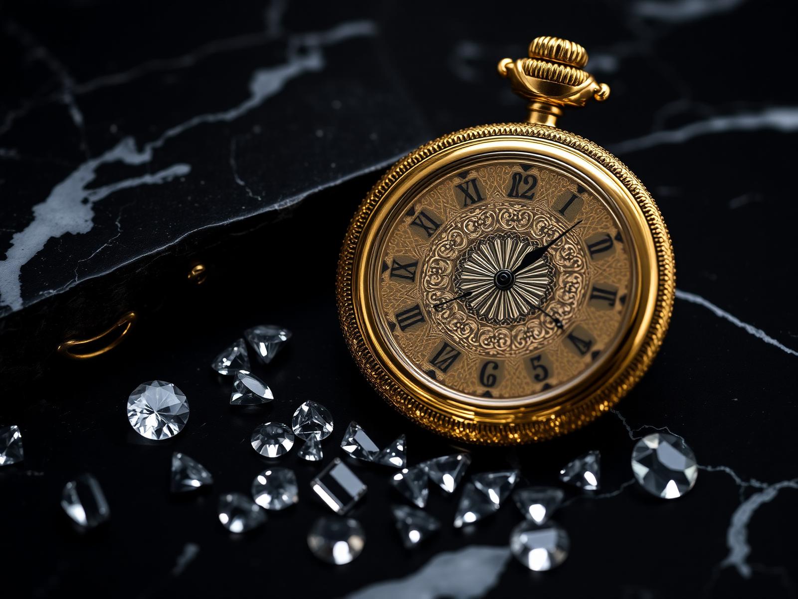 Vintage gold pocket watch with diamonds on black marble